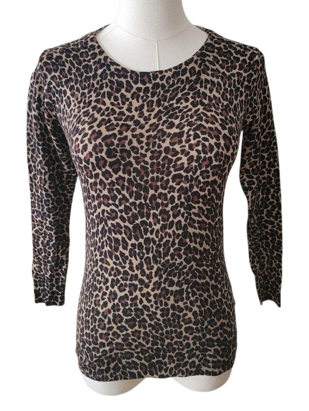 J. Crew Brown Leopard Print Knit Merino Wool Sweater Size XS